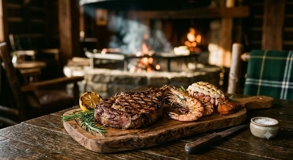 A grilled steak with prawns and lobster by the fire at Cowboys Steakhouse, Mtalii Bush Camps