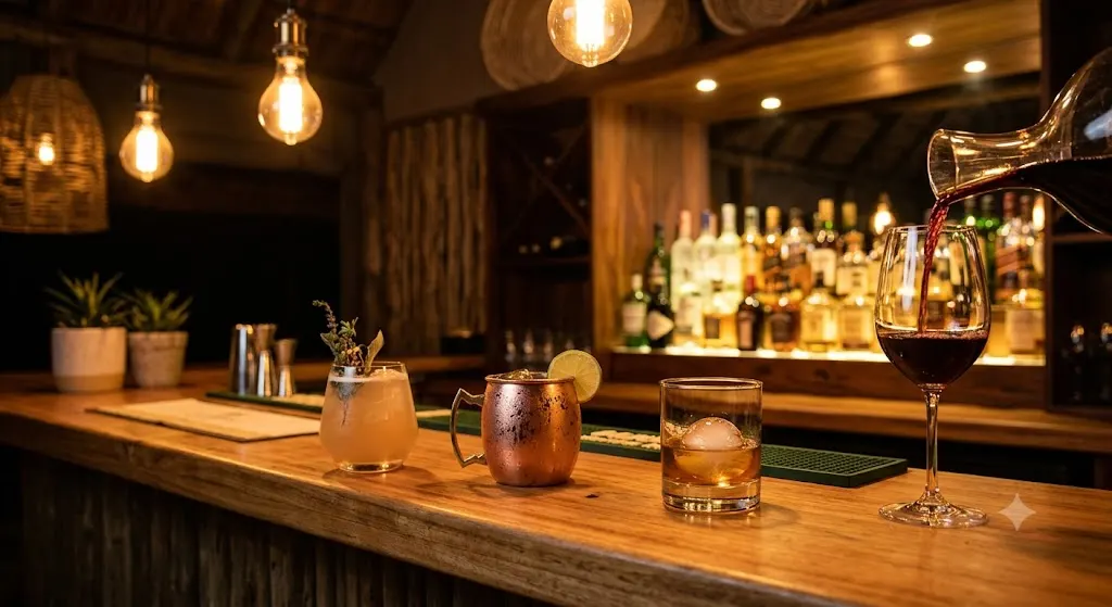 Cocktails, wine and whisky along the counter at Globetrotters Street Bar, Mtalii Bush Camps