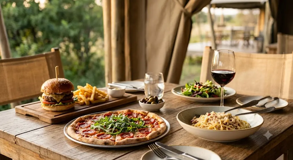 Wood-fired pizza, a burger and pasta at Hungry Lions Café, Mtalii Bush Camps
