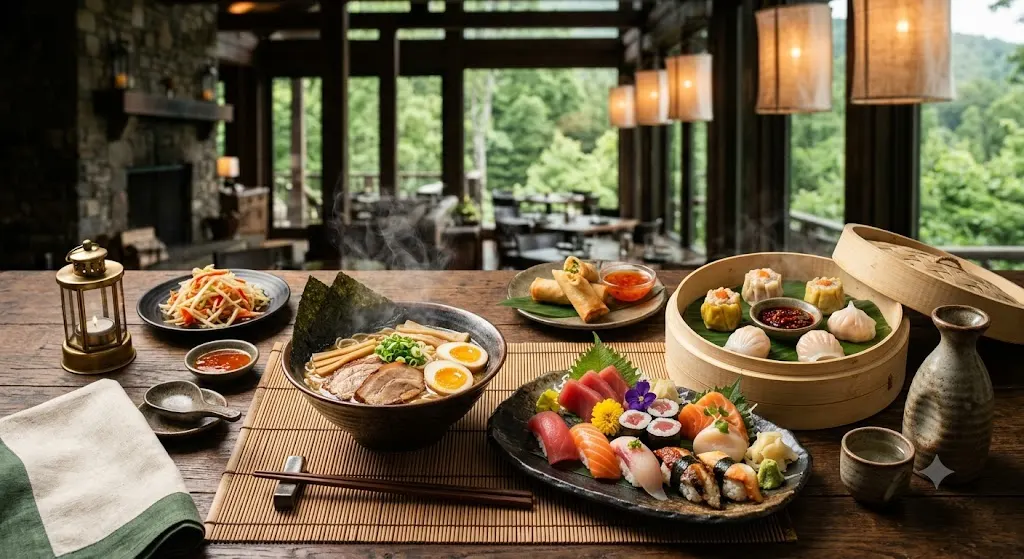 Ramen, sushi and dim sum on the table at Jungle Stars, Mtalii Bush Camps