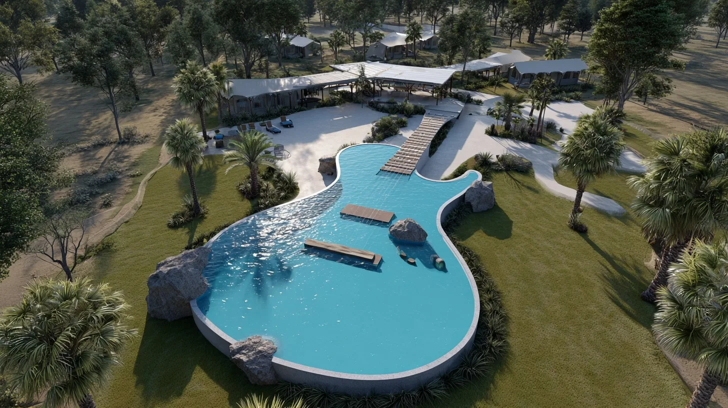 Aerial view of the guitar-shaped infinity pool at Mtalii Bush Camps