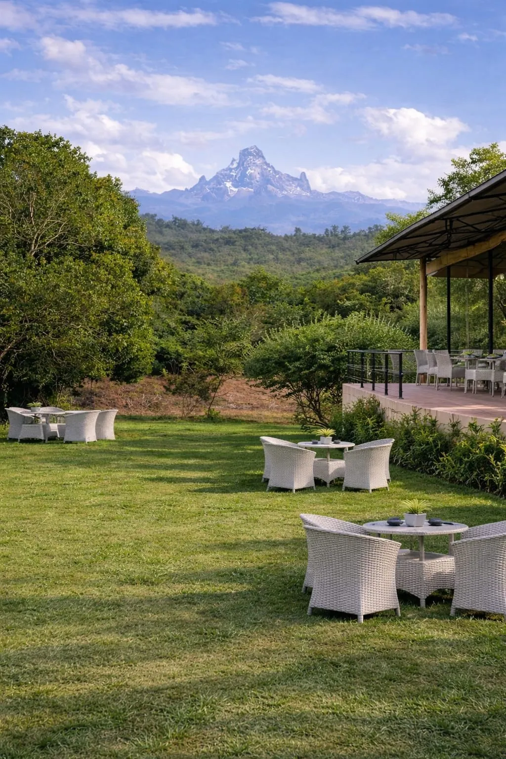 A terrace at Mtalii looking out toward Mount Kenya