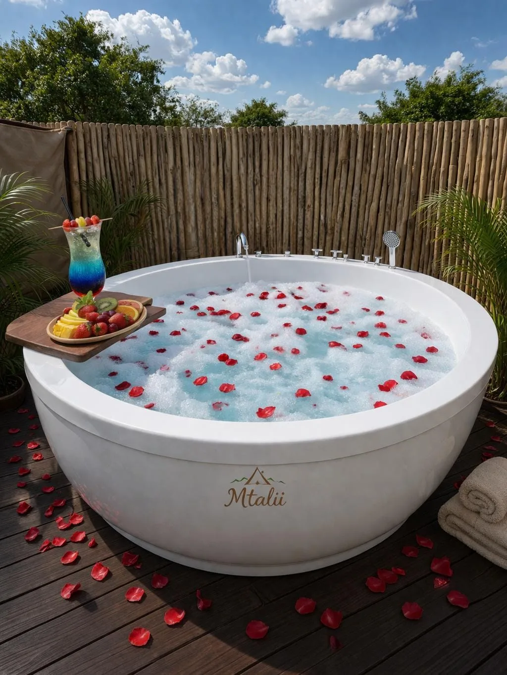 A private outdoor jacuzzi strewn with rose petals on the timber deck of a Mtalii tented suite