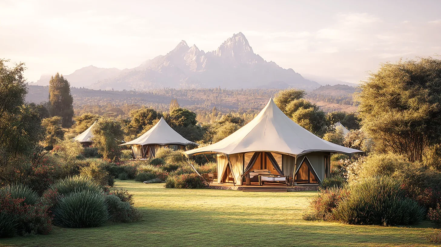 Golden-hour view of Mtalii Bush Camps tents with Mount Kenya rising in the distance