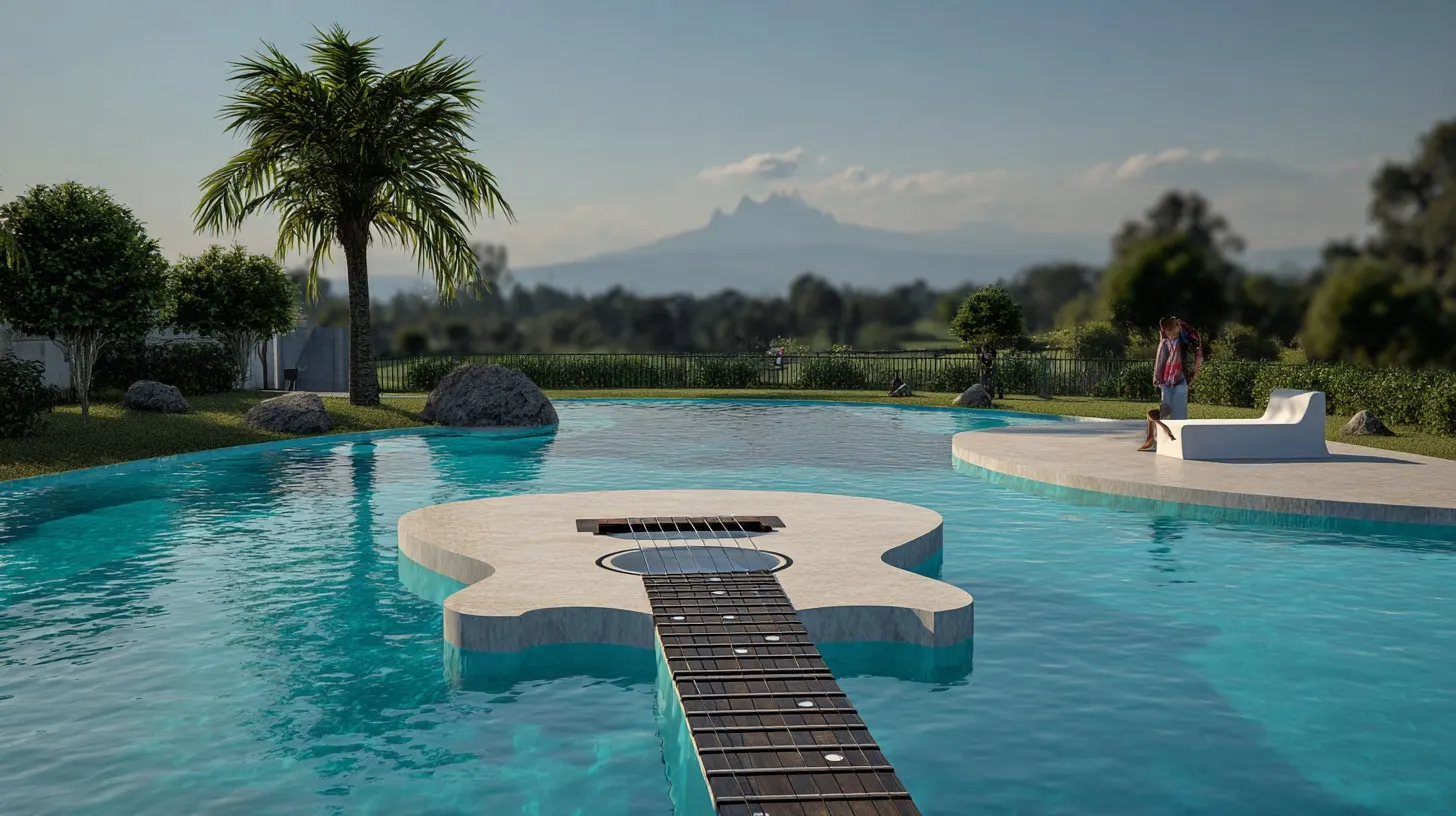 The guitar-shaped infinity pool reaching toward Mount Kenya
