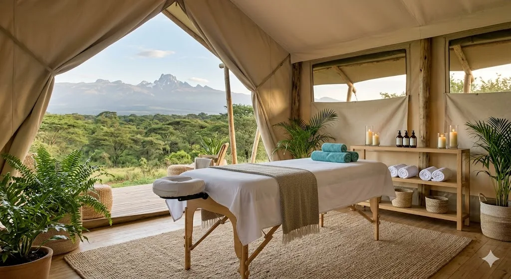 A tented spa treatment room at Casadra Spa overlooking Mount Kenya