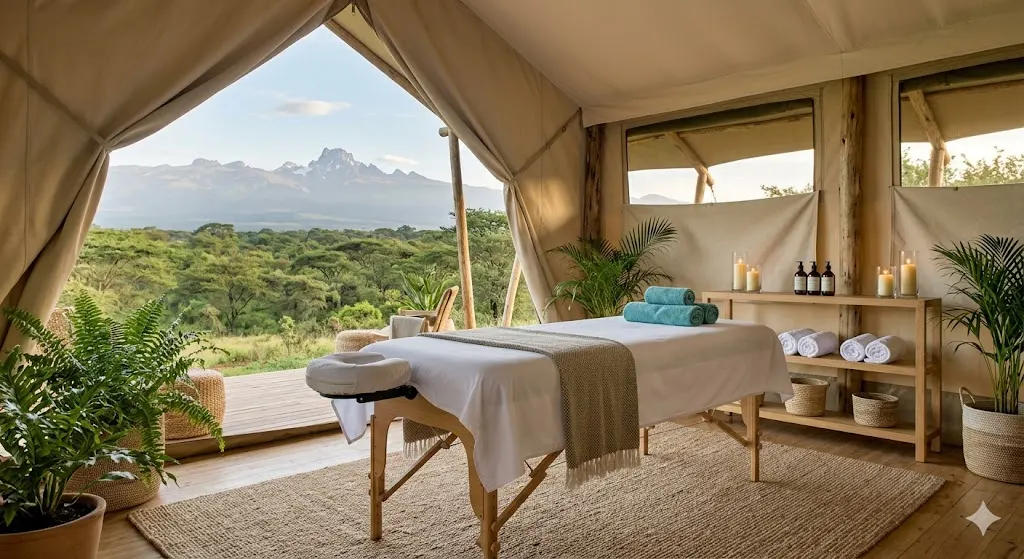 A tented spa treatment room at Casadra Spa overlooking Mount Kenya