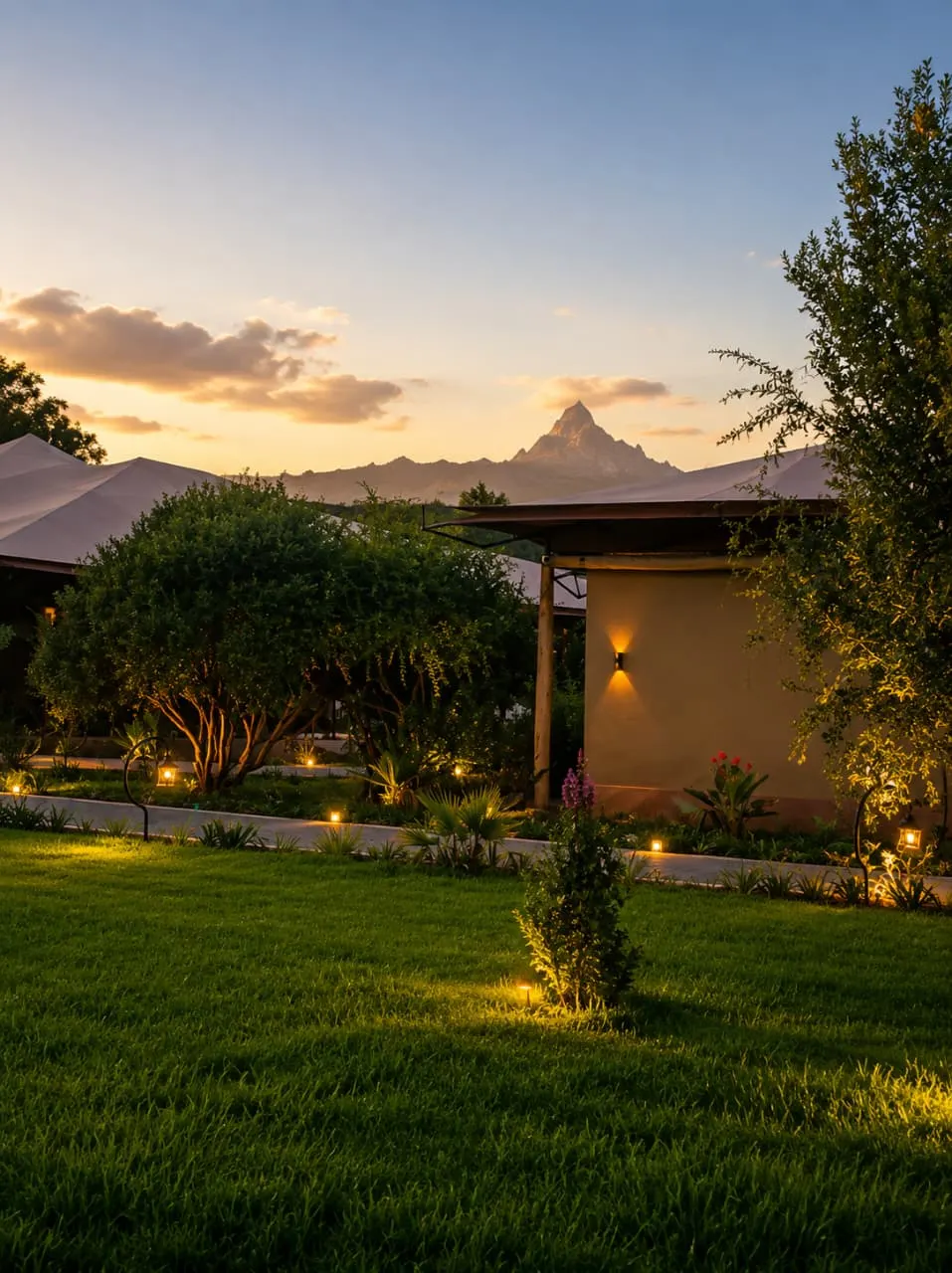 Mount Kenya at sunset over the lantern-lit gardens and tent roofs of the village at Mtalii Bush Camps